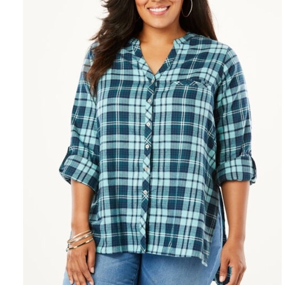 Tops - NWT 16W high low plaid shirt long sleeve